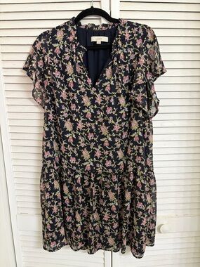 LOFT Black Floral V-Neck Flutter Sleeve Mini Dress